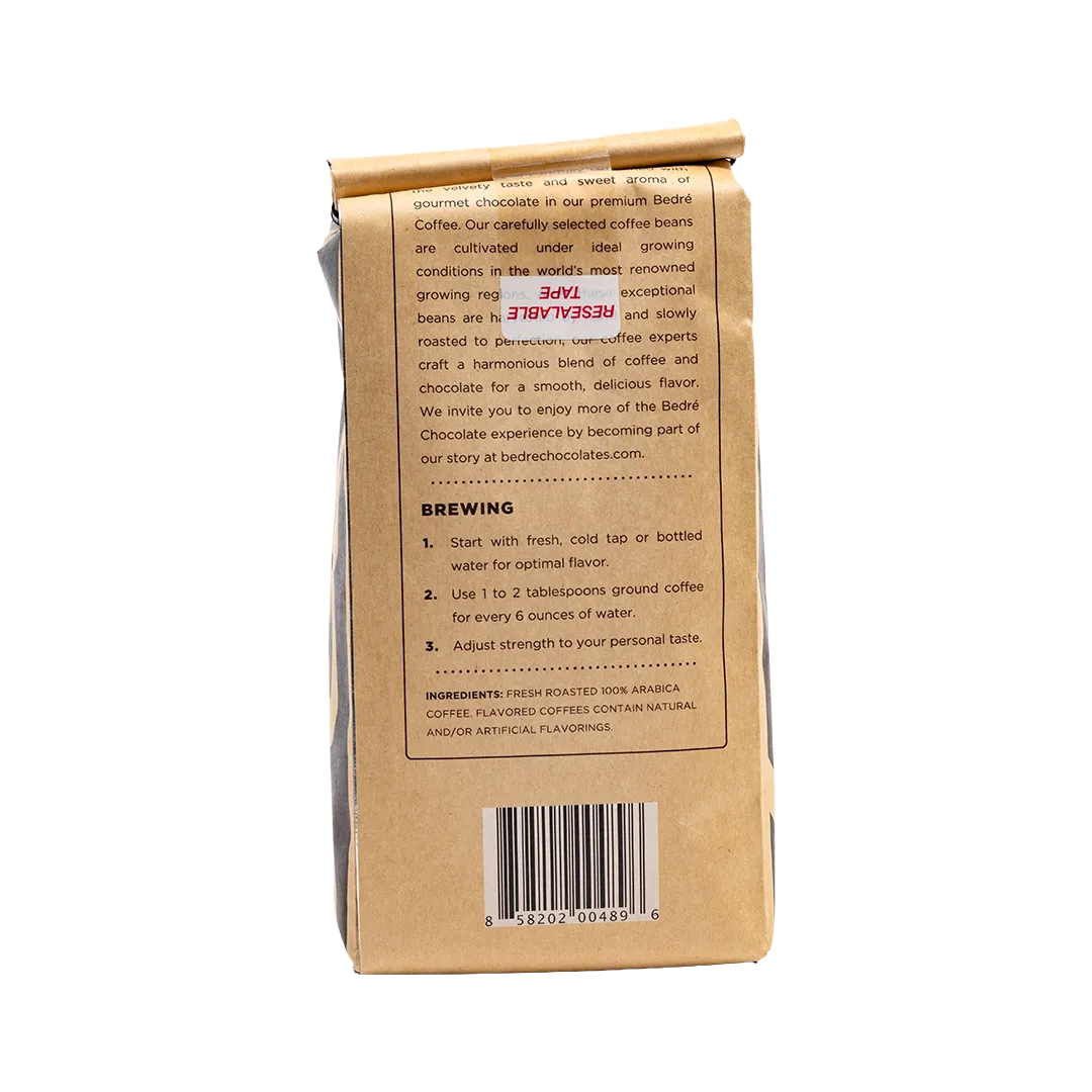 Bedré Fine Chocolate Premium Milk Chocolate coffee bag back with brewing directions and ingredients
