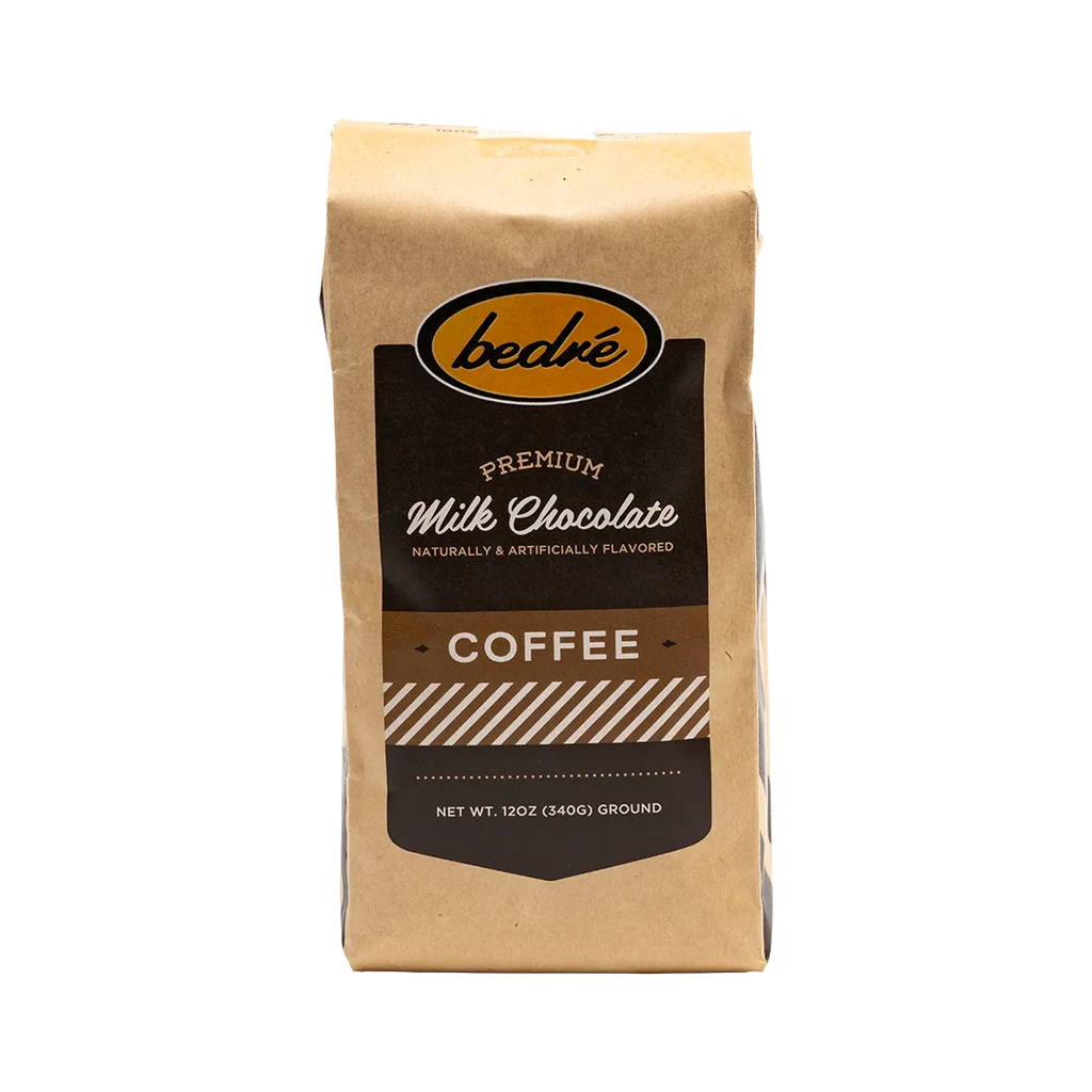 Bedré Fine Chocolate Premium Milk Chocolate flavored ground coffee, kraft bag front