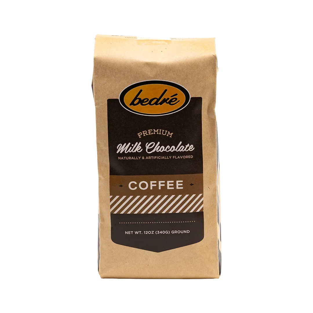 Bedré Fine Chocolate Premium Milk Chocolate flavored ground coffee, kraft bag front
