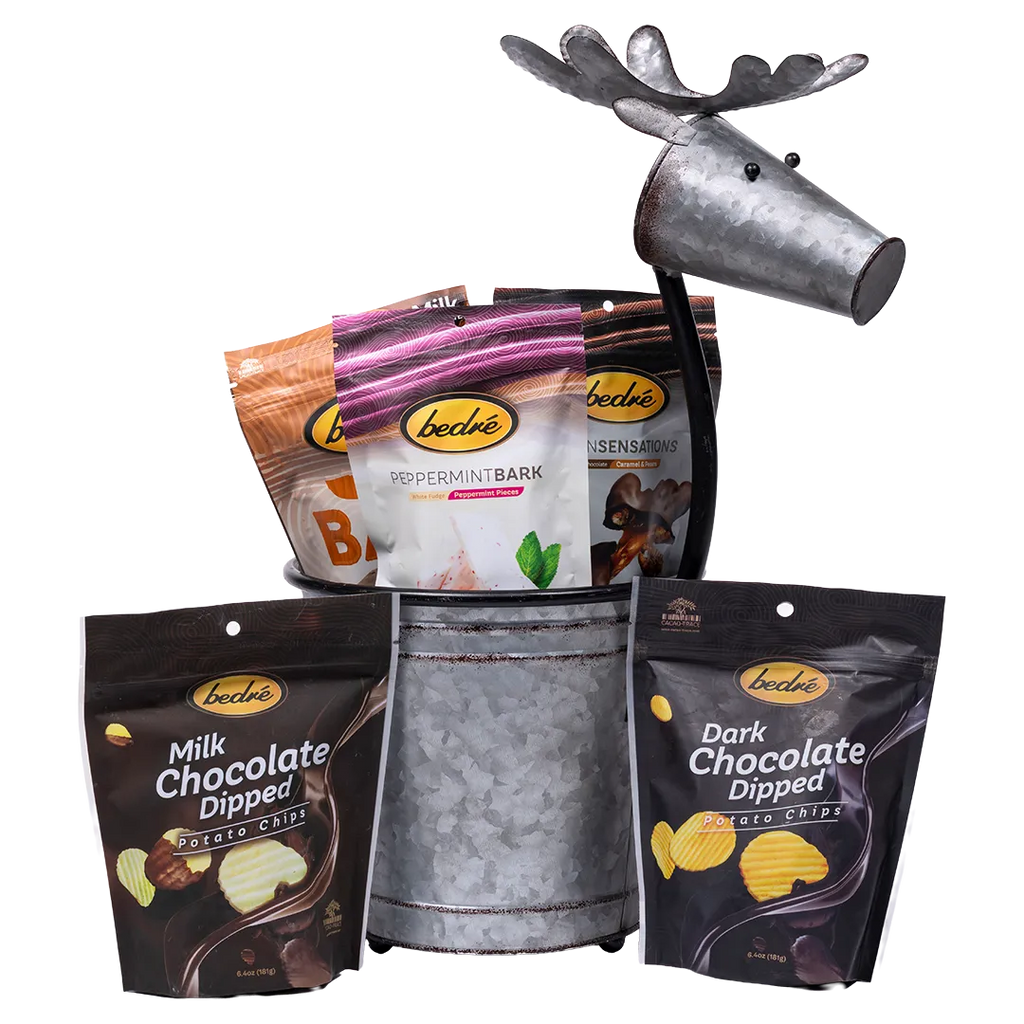 Bedré Fine Chocolate galvanized reindeer pail (large) with Milk and Dark Chocolate Dipped Potato Chips pouches