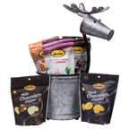 Bedré Fine Chocolate galvanized reindeer pail (large) with Milk and Dark Chocolate Dipped Potato Chips pouches