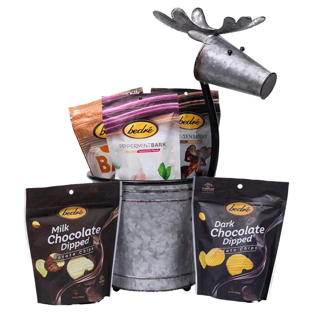 Bedré Fine Chocolate galvanized reindeer pail (large) with Milk and Dark Chocolate Dipped Potato Chips pouches
