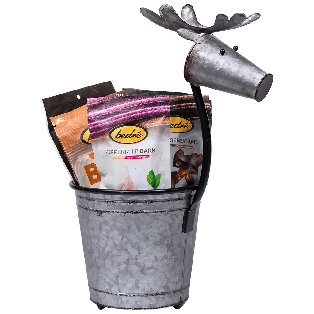 Bedré Fine Chocolate galvanized metal reindeer-shaped pail (large), filled with Peppermint Bark, Pecan Sensations, and chocolate bar pouches