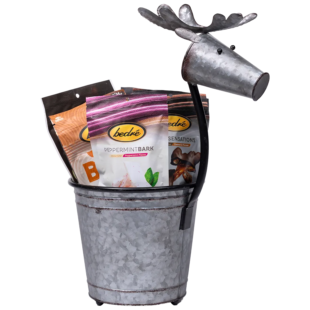 Bedré Fine Chocolate galvanized metal reindeer-shaped pail (large), filled with Peppermint Bark, Pecan Sensations, and chocolate bar pouches