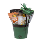 Bedré Fine Chocolate green reindeer-head metal pail (large), filled with Pecan Bark and Corn Twists pouches