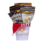 Bedré Fine Chocolate Santa's Favorites Box, paperboard container with knit Santa hat, holding chocolate bars and Corn Twists