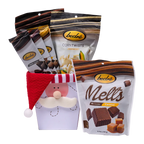 Bedré Fine Chocolate Santa's Favorites Box styled with Milk Chocolate Caramel Melts, Corn Twists, and assorted chocolate bars