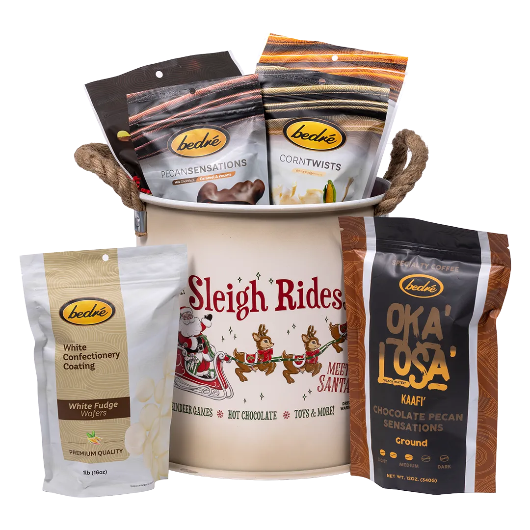 Bedré Fine Chocolate Sleigh Rides canister with White Confectionery Coating wafers and Oka'Losa' coffee displayed alongside