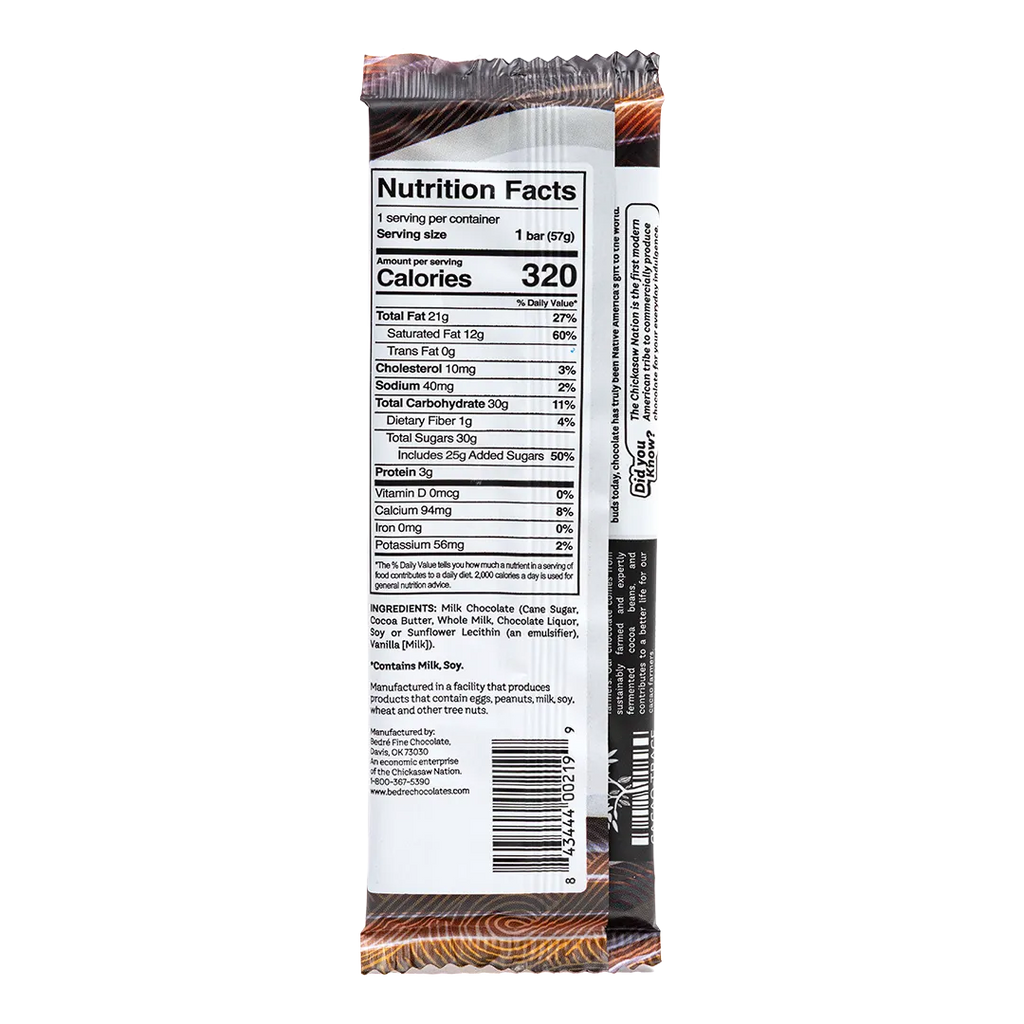 Back of Bedré Fine Chocolate Solid Milk Chocolate Bar showing nutrition facts