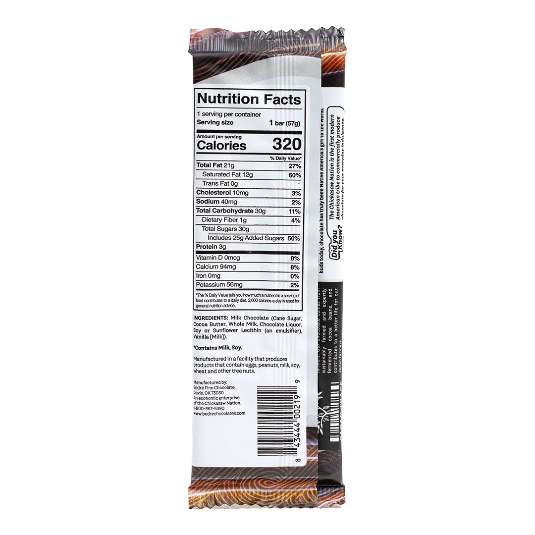 Back of Bedré Fine Chocolate Solid Milk Chocolate Bar showing nutrition facts