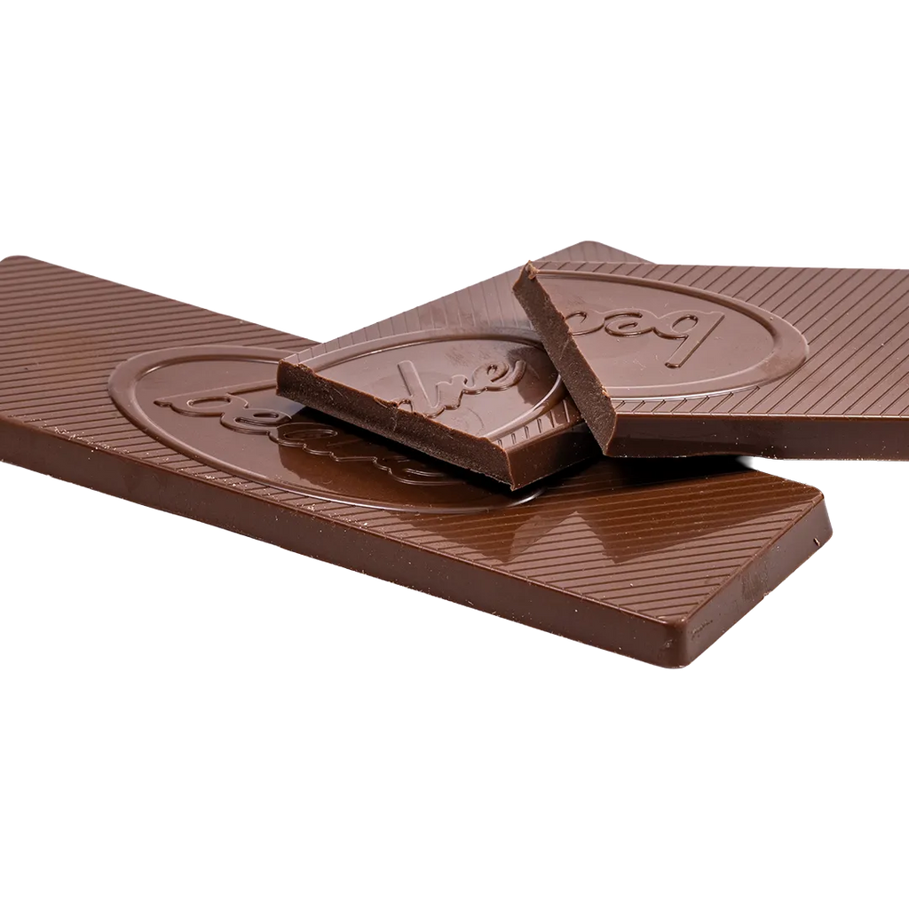 Unwrapped Bedré Fine Chocolate Solid Milk Chocolate Bar, broken to show texture