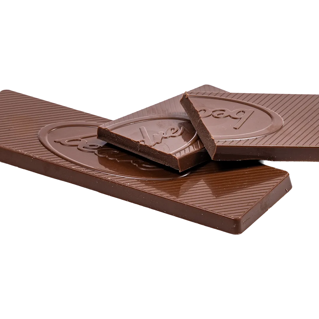 Unwrapped Bedré Fine Chocolate Solid Milk Chocolate Bar, broken to show texture