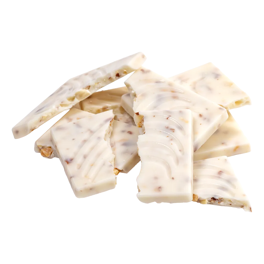 Bedré Fine Chocolate White Fudge Almond Bark pieces broken out of packaging