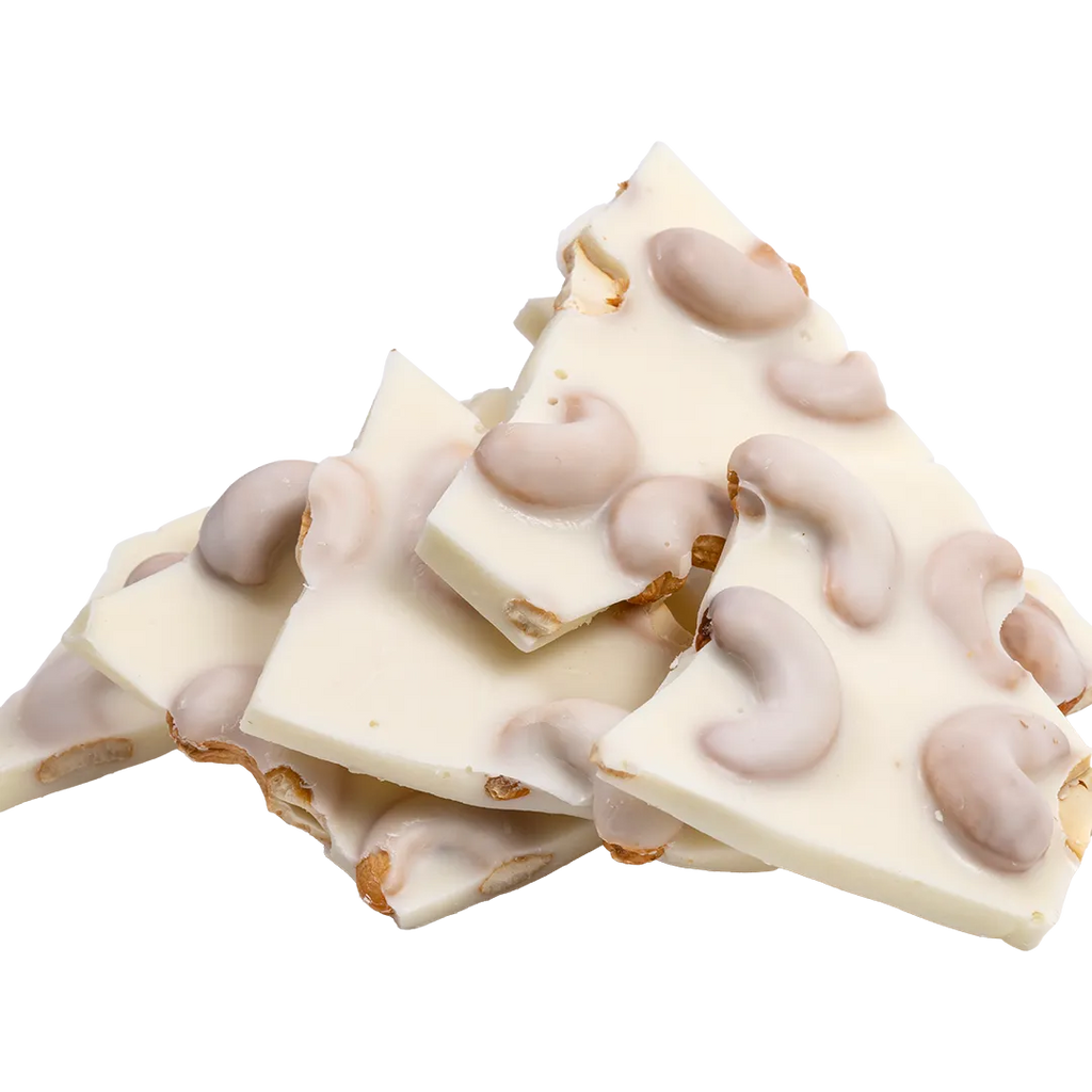 Bedré Fine Chocolate White Fudge Cashew Bark pieces with whole cashews, out of packaging