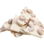 Bedré Fine Chocolate White Fudge Cashew Bark pieces with whole cashews, out of packaging