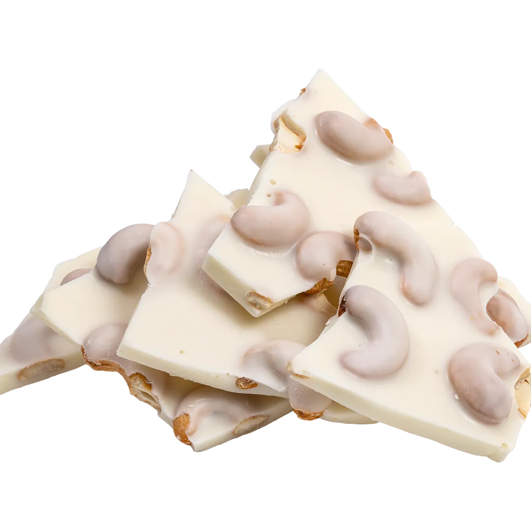 Bedré Fine Chocolate White Fudge Cashew Bark pieces with whole cashews, out of packaging