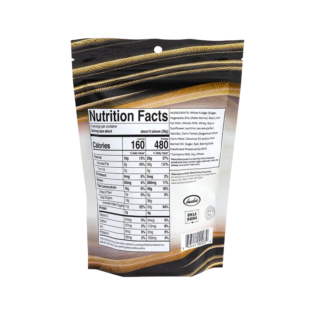 Bedré Fine Chocolate White Fudge Corn Twists nutrition facts and ingredients label