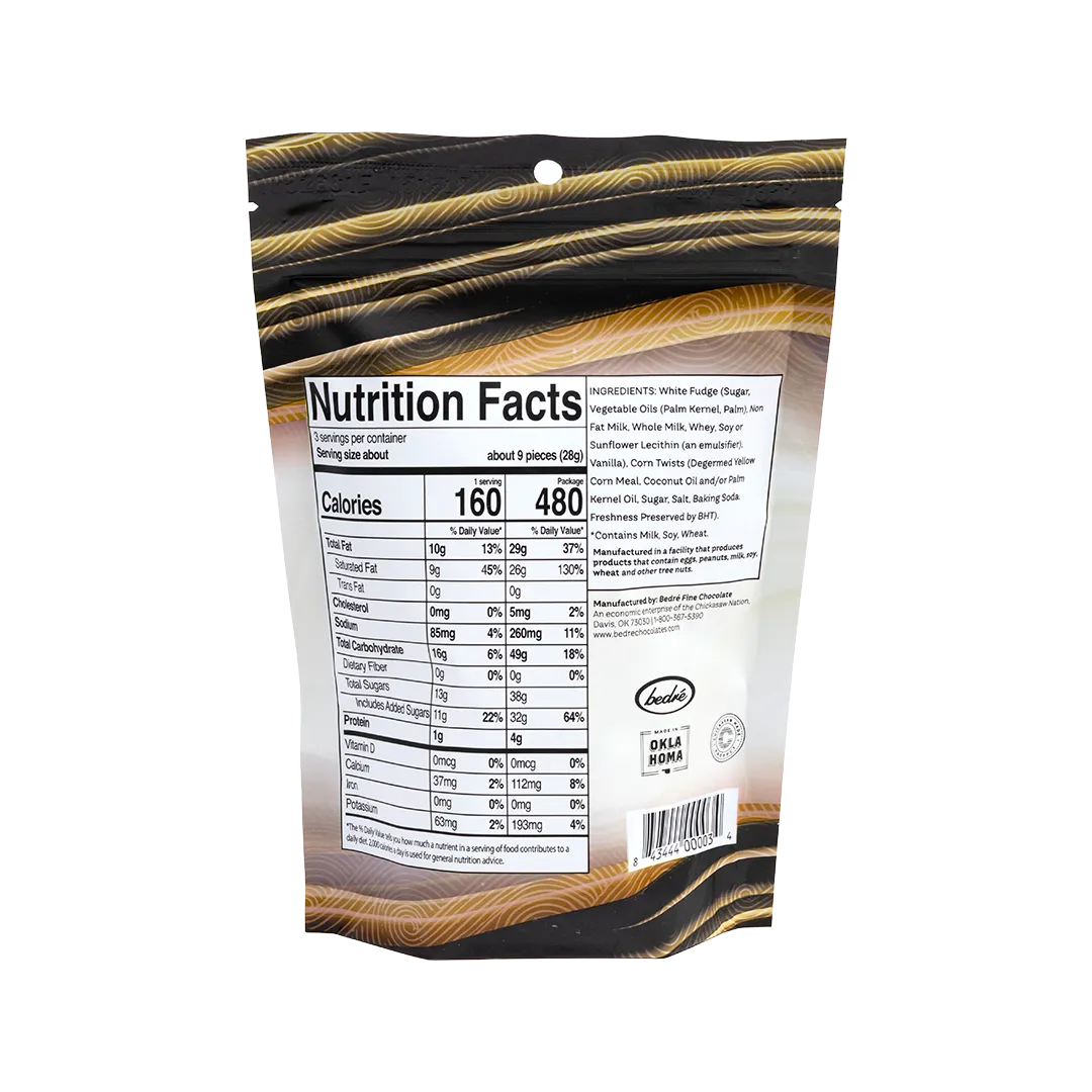 Bedré Fine Chocolate White Fudge Corn Twists nutrition facts and ingredients label