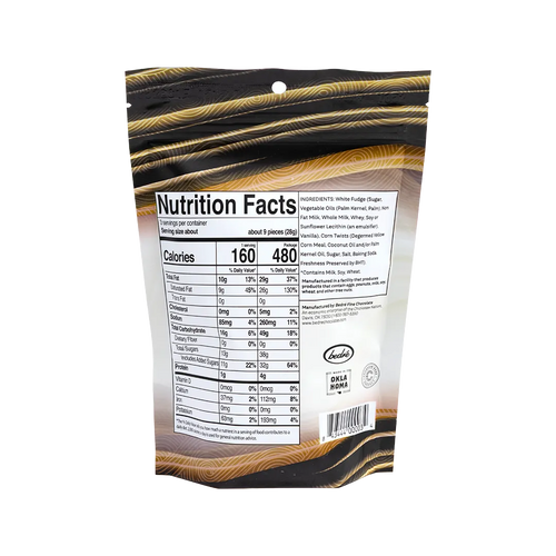 Bedré Fine Chocolate White Fudge Corn Twists nutrition facts and ingredients label