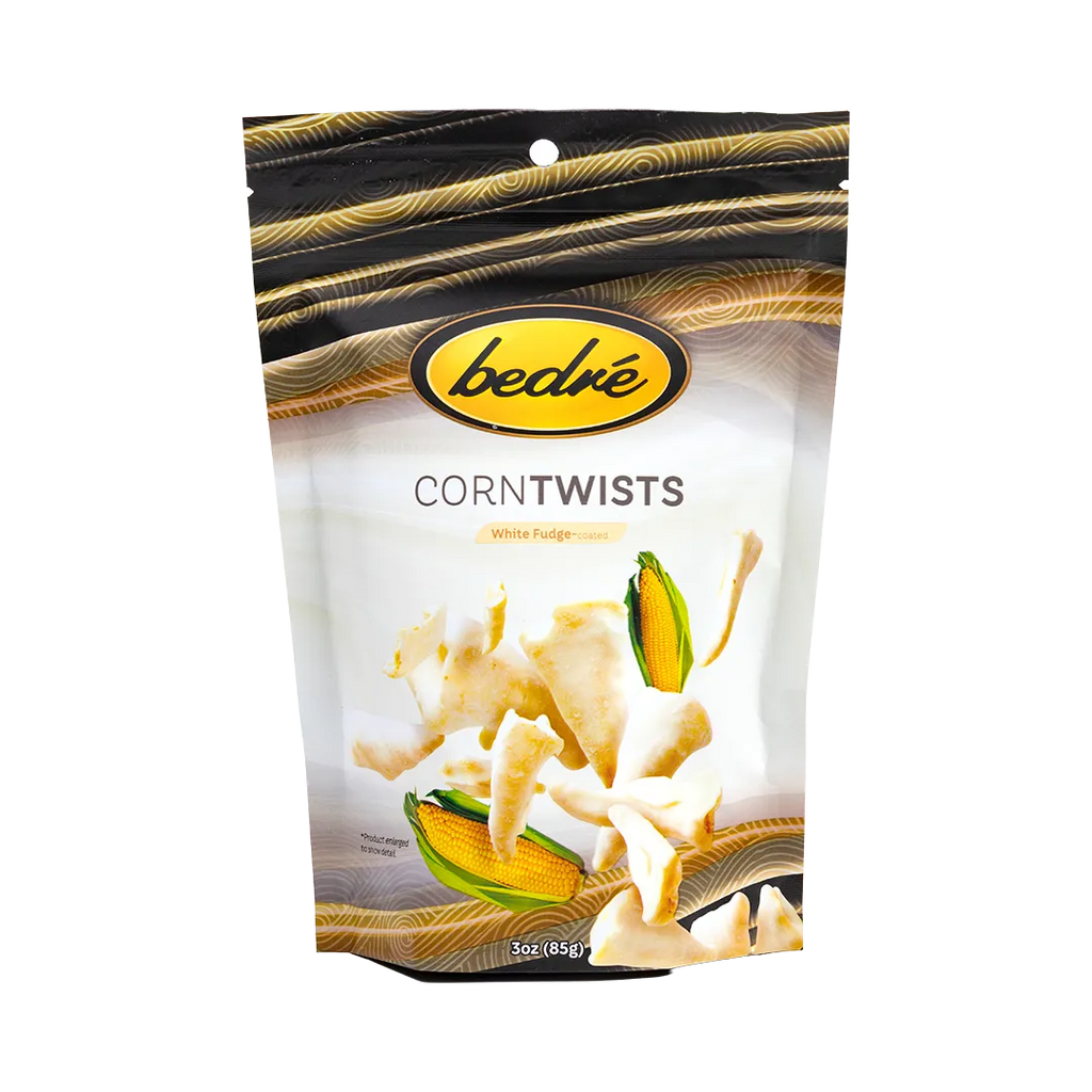 Bedré Fine Chocolate White Fudge Corn Twists snack pouch, front of package