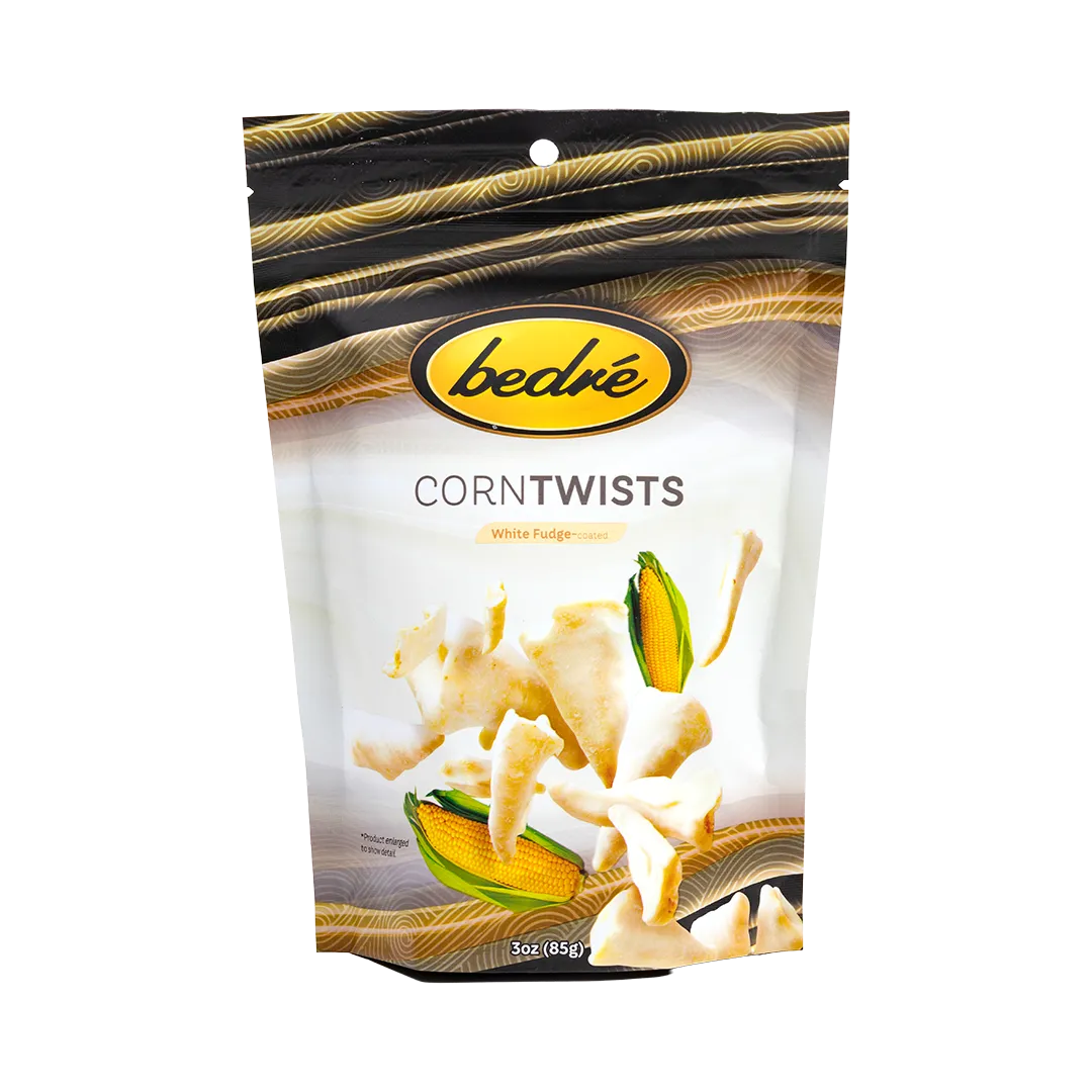 Bedré Fine Chocolate White Fudge Corn Twists snack pouch, front of package
