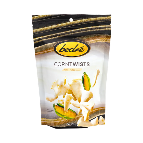 Bedré Fine Chocolate White Fudge Corn Twists snack pouch, front of package