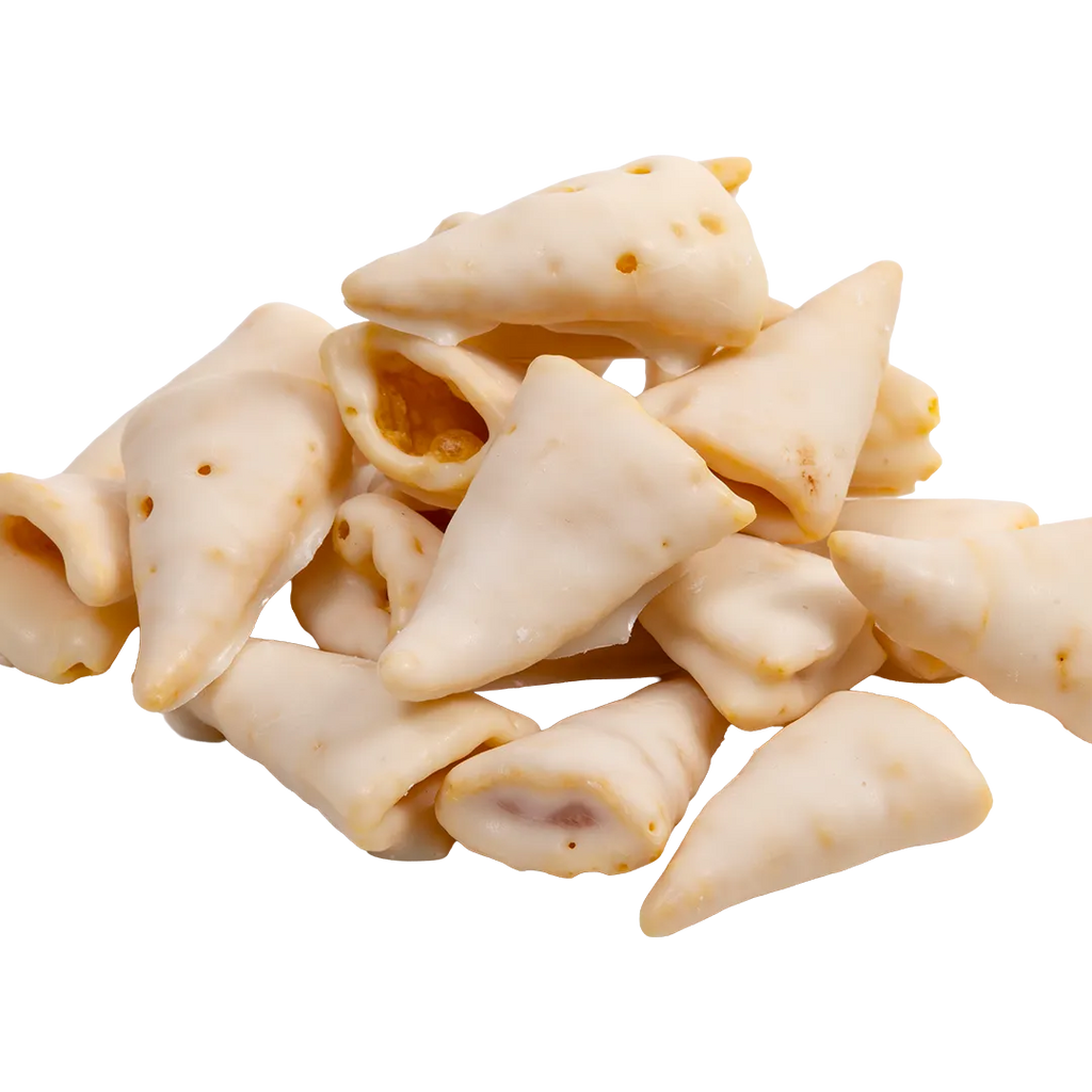 Pile of Bedré Fine Chocolate white fudge-coated corn twists out of the package